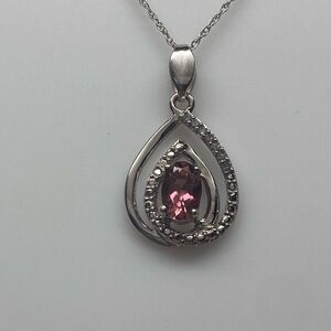10K White Gold Oval Shape Pink Tourmaline and Diamond Pendant with Chain NEW